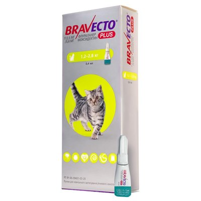 Бравекто Plus для Котів/Bravecto Plus Cat 1,2-2,8кг 112,5 мг спот-он MSD19614 фото